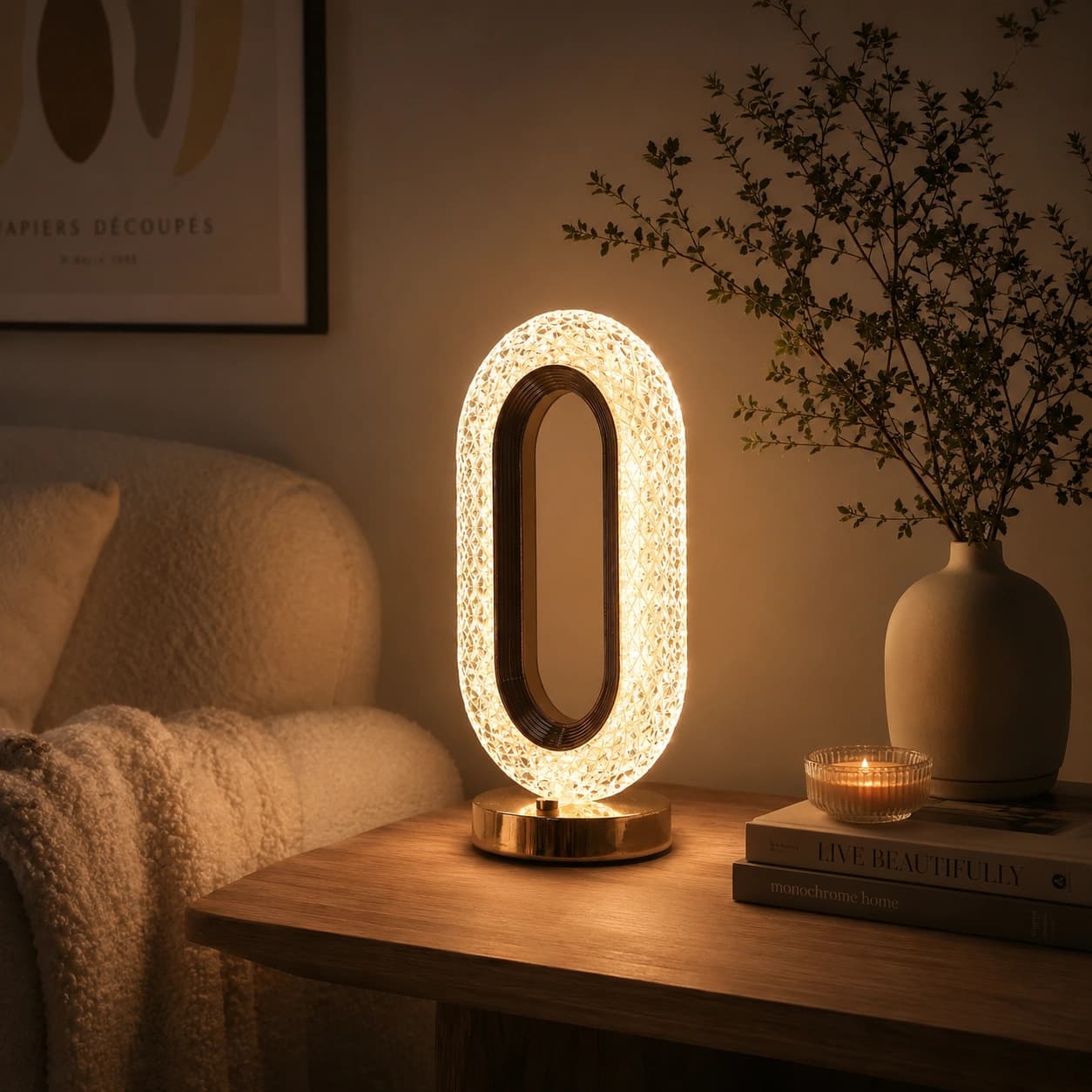 Rechargeable Crystal Table Lamp, Touch Control LED Light with 3 Levels Brightness