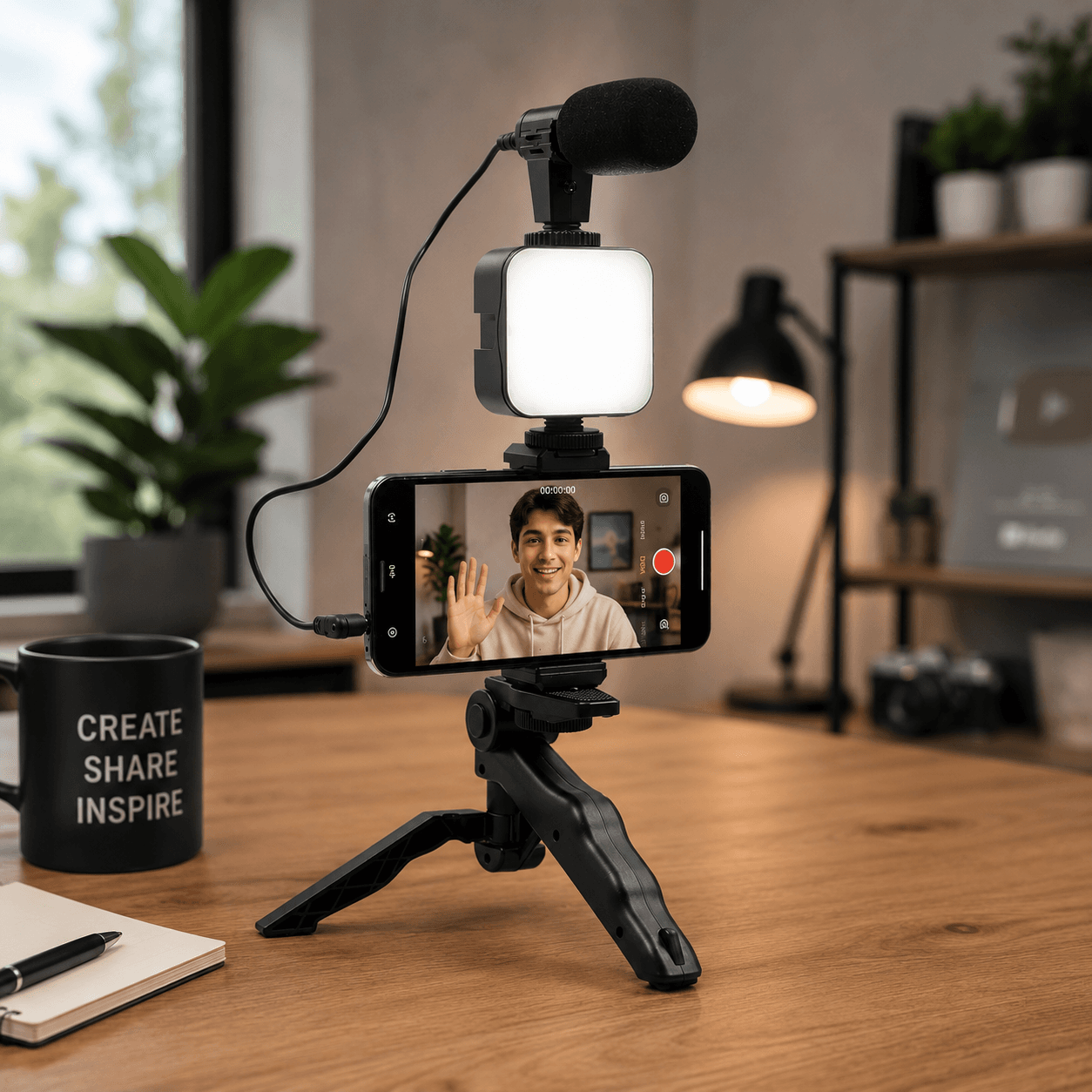 Mobile Phone Holder with LED Light and Microphone